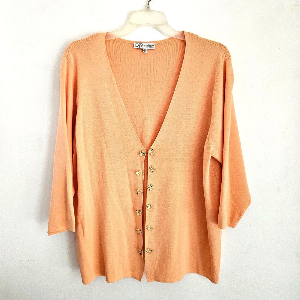 Dressbarn Cardigan Sweater Womens 18W Orange Open Front V-Neck Ribbon Rosettes
